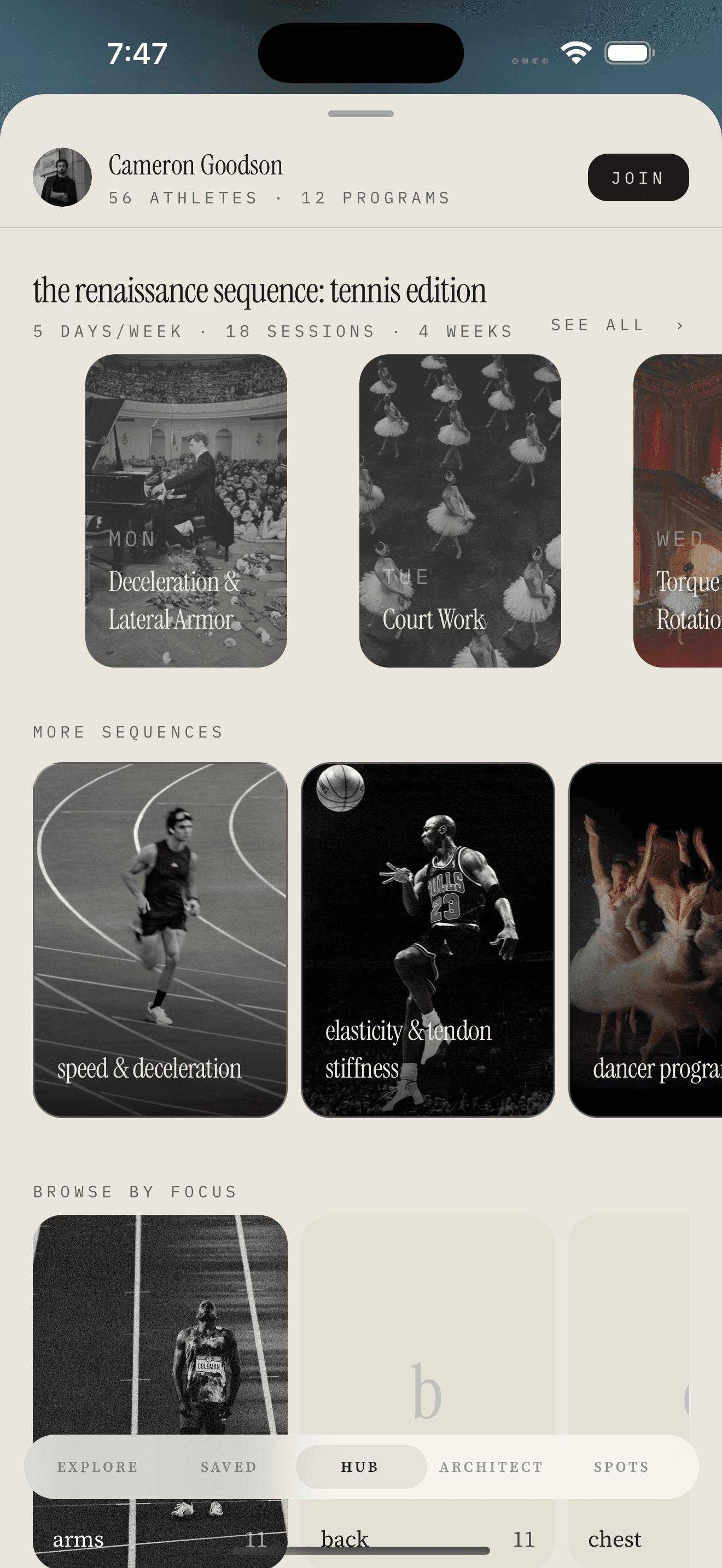 phorme app showing Cameron Goodson’s training sequences