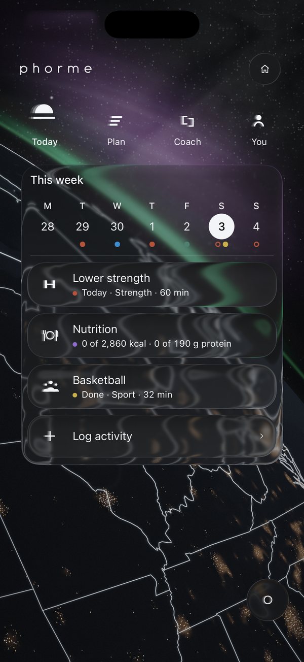 The Today screen in the phorme app